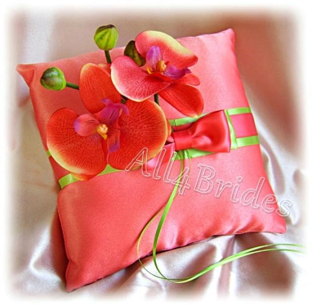 Coral And Green Weddings Ring Bearer Pillow Coral Orchids Pillow