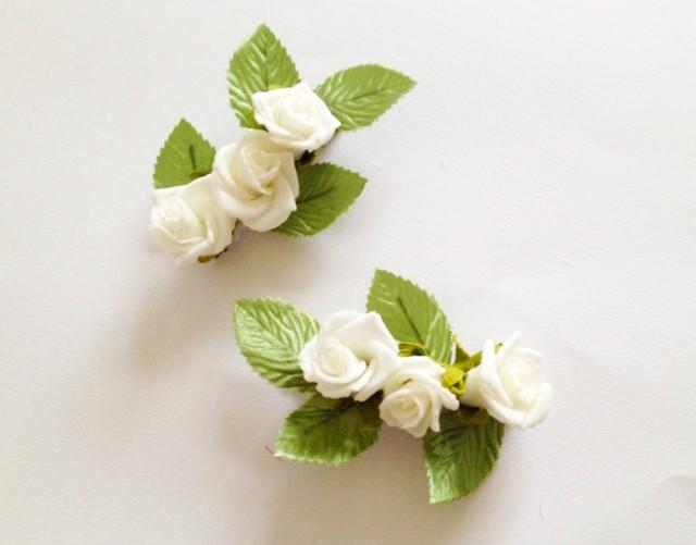 White Rose Flower Hair Clip Set, Bridal Floral Hair Clip, Rose Flower