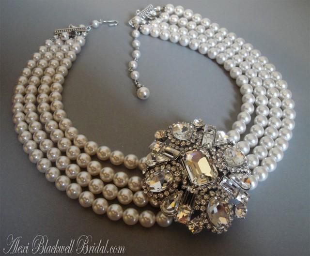 Statement Pearl Necklace With Brooch In Rhinestone 4 Multi Strands
