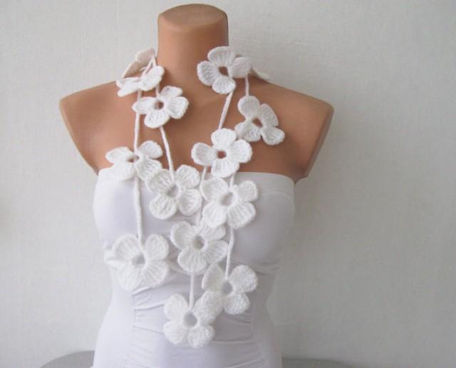 White Flower Scarf, Hand Crochet 
