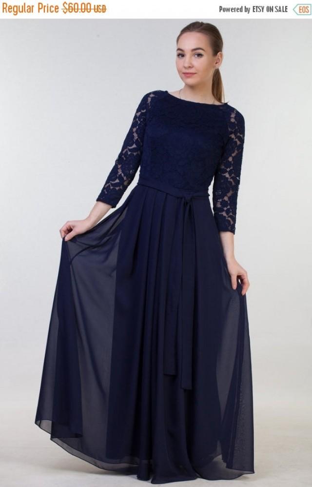 CHRISTMAS SALE Long Navy Blue Bridesmaid Dress With Sleeves Navy Blue