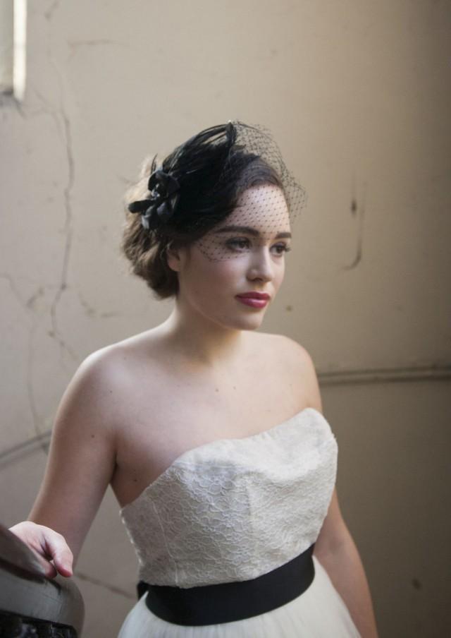 Black Velvet Hat With Birdcage Veil And Feathers Black