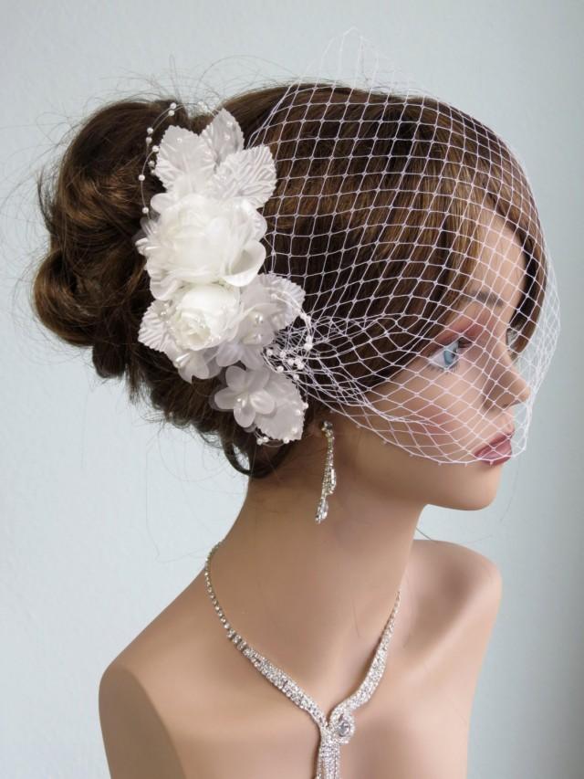 Wedding Ivory Headpiece With Bridal Birdcage Veil Fascinator Wedding Hair Clip Wedding Accessory 3803