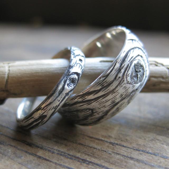 Wood Grain Wedding Ring PLYWOOD Sterling Silver SET Faux Bois Twig