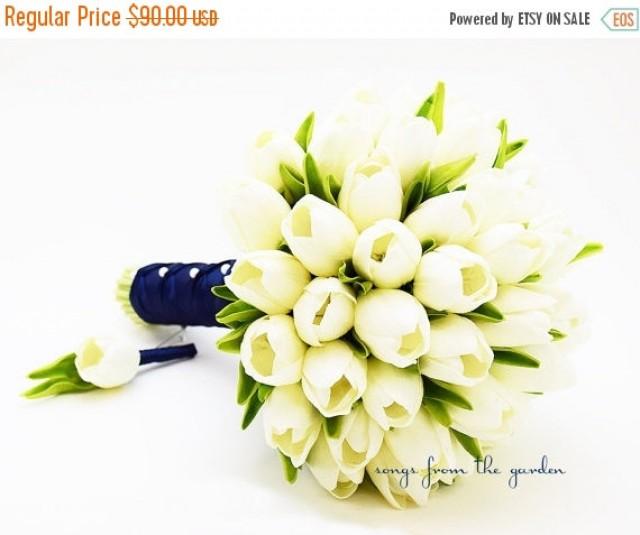 Winter Sale Ready To Ship Real Touch Tulips Bridal Bouquet White Navy