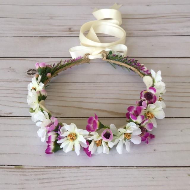 Purple Ivory Flower Girl Flower Crown, Magenta Ivory Floral Wreath