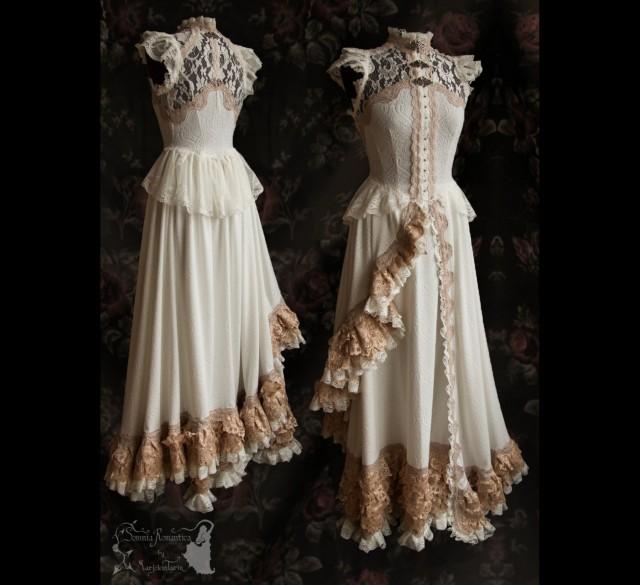 Art Nouveau Gown Ivory Pale Nude Bridal Dress 2 Piece Victorian