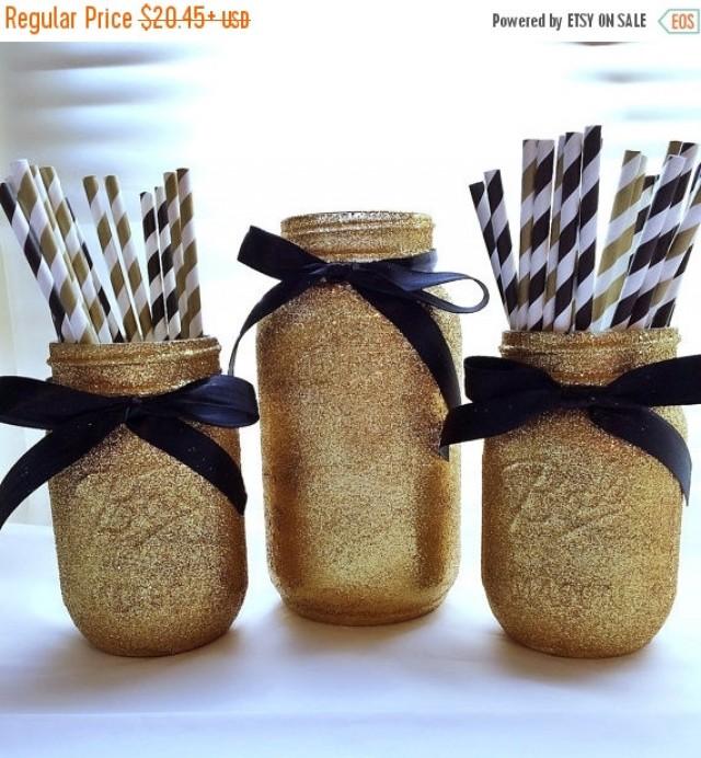 ON Sale Black And Gold Mason Jar Set, Party Mason Jar Set, Centerpiece