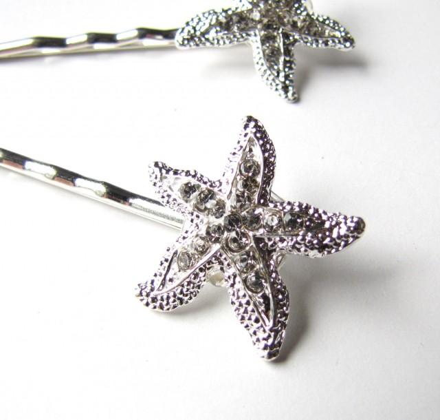 Rhinestone Starfish Hair Clips Pins Beach Wedding Silver Sparkle
