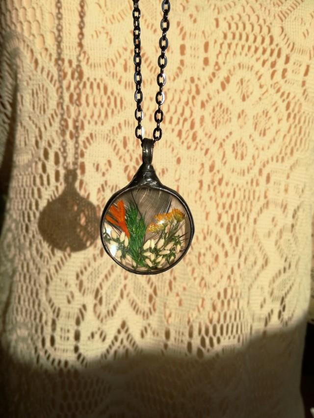 Goldenrod Flower Necklace With White Heather, Feather, Colored Grass