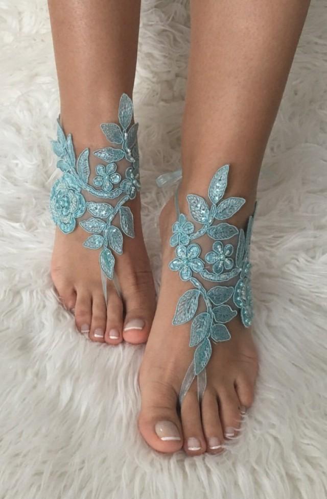 FREE SHIP Blue Lace Barefoot Sandals, Beach Wedding Barefoot Sandals