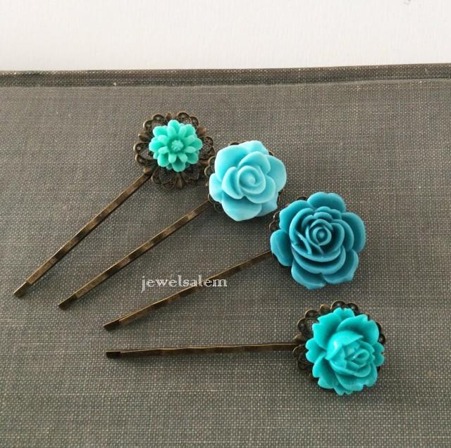 Turquoise Wedding Floral Hair Pins Aqua Blue Flower Hair Clips Vintage