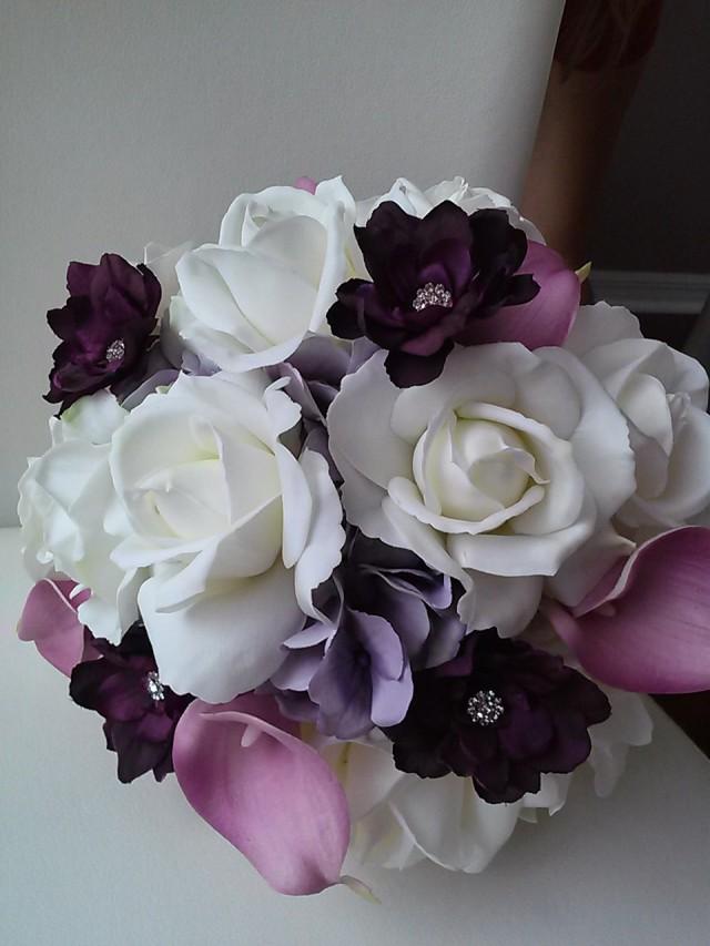 Purple And White Real Touch Rose BouquetBridal BouquetBridesmaid
