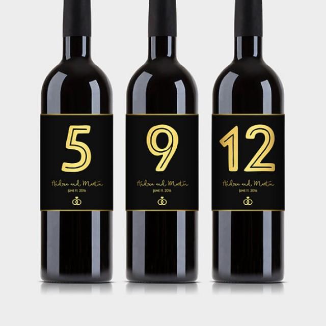 Customized Wine Bottle Table Numbers, Black & Gold Wine Labels Wedding, Anniversary