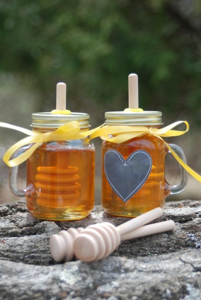 Mini Mason Jar Cup Mug Honey Jar With Birch Dipper, Wedding Mason Jar