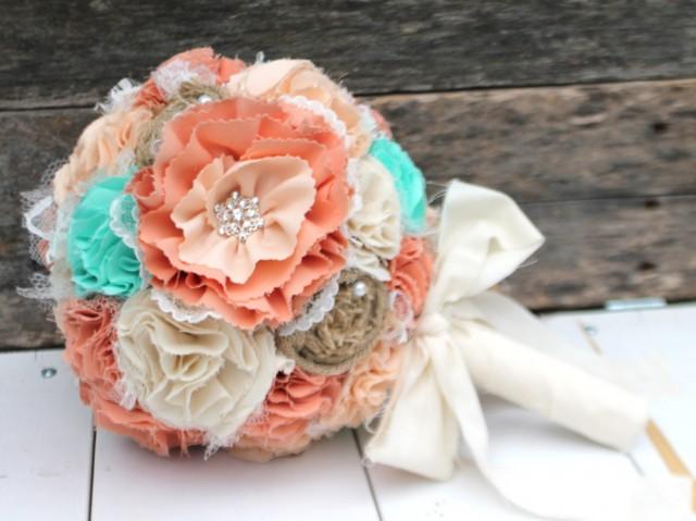 Romantic Rustic Peach Mint Ivory And Burlap Bridal Wedding Bouquet Shabby Chic Fabric Flowers 5071
