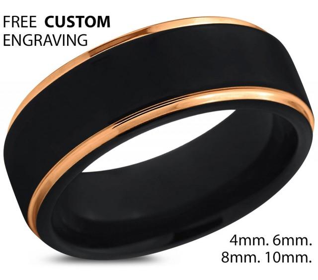 Black Tungsten Ring Yellow Gold Wedding Band Ring Tungsten Carbide 8mm