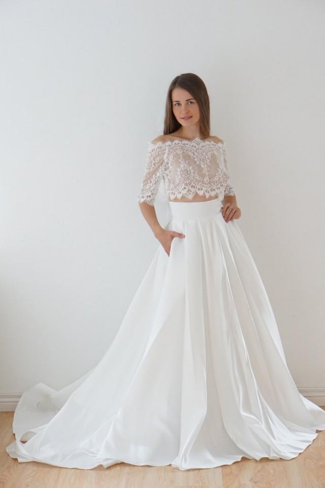 Crop Top Wedding Dress Satin Wedding Dress Lace Top Lace Bolero Wedding Dress With Pocket 2949