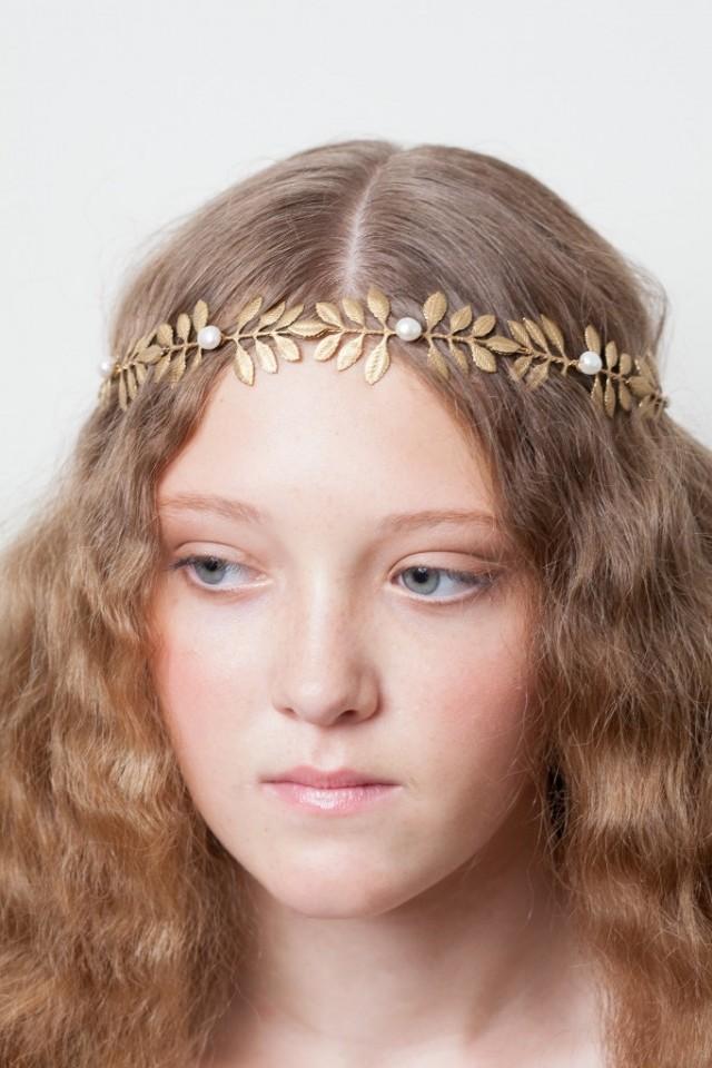 Gold Wedding Headpiece Greek Goddess Headpiece With Gold Leaves And Freshwater Pearls 7786