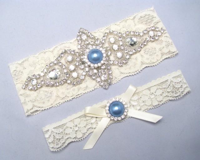 Something Blue Bridal Garter Set Crystal Rhinestone Pearl Keepsake Toss Garters Ivory 