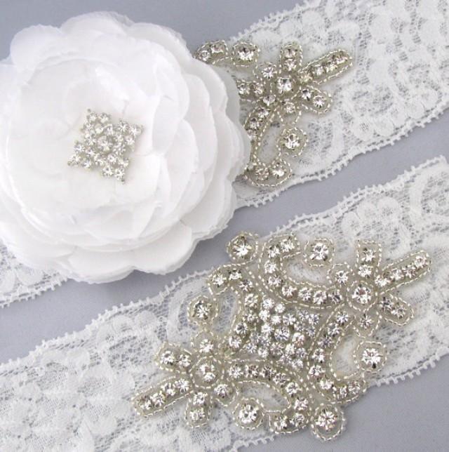 Flower Garter Wedding Garter Set White Lace Garter Crystal