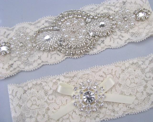 Pearl Crystal Wedding Garter Set, Ivory / White Lace Bridal Garters