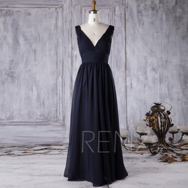 2016 Navy Chiffon Bridesmaid Dress Long Deep V Neck Wedding Dress