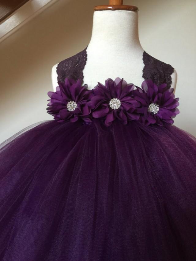 Plum Eggplant Flower Girl Satin Lace Tutu Dress, Wedding Dress, Baby
