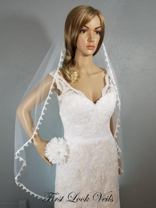 White Wedding Veil Fingertip, Lace And Glass Bead Accessory, Lace