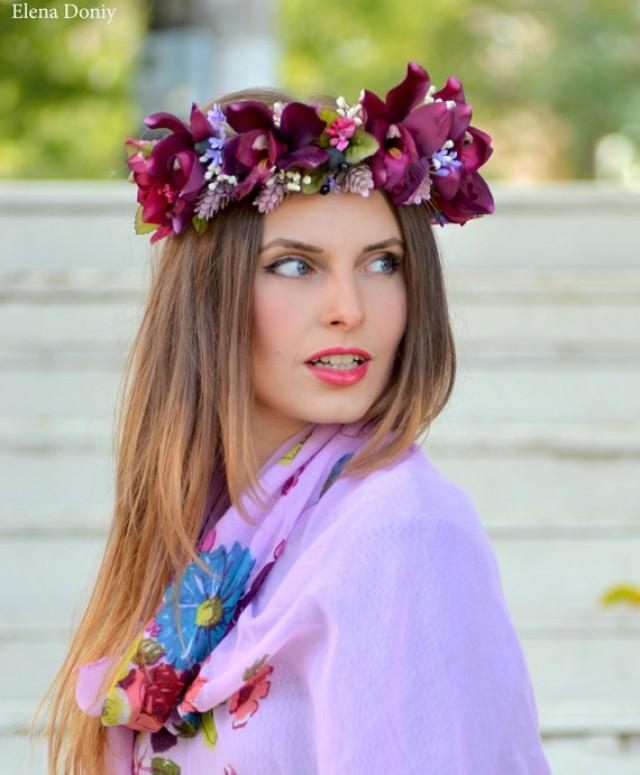 Wedding Flower Crown Burgundy Floral Crown Orchid Hair Wreath Burgundy Headpiece Bridal Hair 