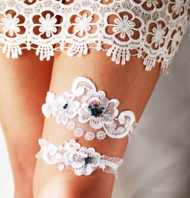 Wedding Garter Bridal Garter Lace Garter Navy Blue Garter Vintage Inspired White Garter