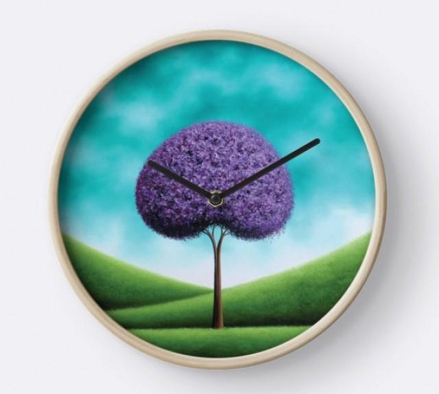 Tree Wall Clock, Teal Wood Framed Clock, Purple Tree Art Circle Clock, Turquoise Decor, Modern