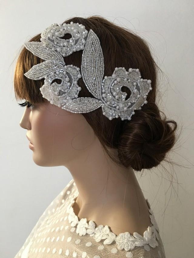 Bridal Pearl Headband, Pearl Sequin Hand Emroidered Wedding Headpiece 