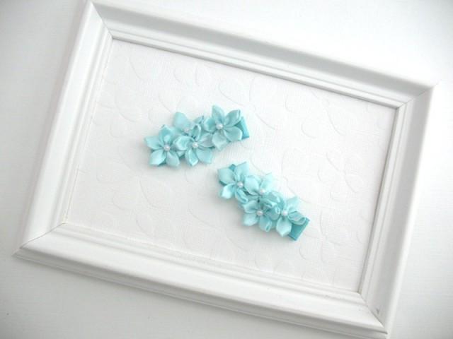 Flower Girl Hair Clips Aqua Satin Flower Fancy Hair Clips