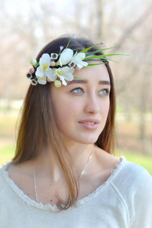 Bridal Flower Crown White Flower Crown Wedding Halo Freesia Asymmetrical Crown Boho Girl