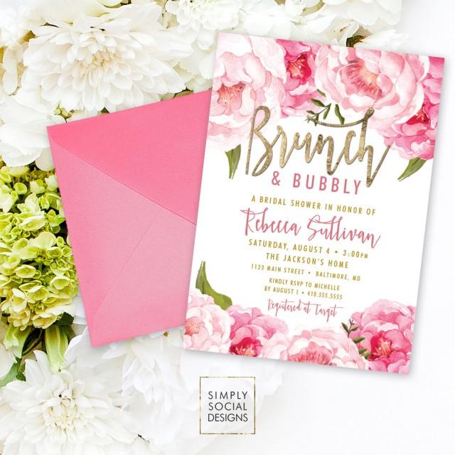 Brunch And Bubbly Bridal Shower Invitation Pink Peony Ranunculus And