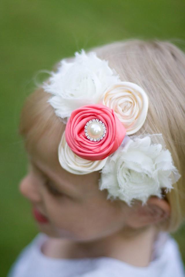 You Choose Color Flower Girl Headband, Shabby Chic Rose Flower Girl