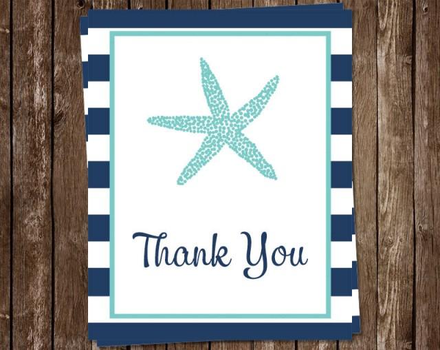 Starfish Thank You Cards, Bridal Shower, FREE Ship, Nautical Starfish Aqua And Navy, NASAN, Set