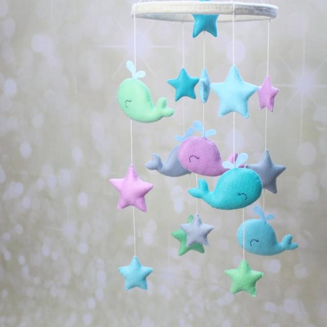 Felt Whales And Stars Crib Mobile Baby Girl/baby Boy Nursery Decor Ready To Ship 2650755