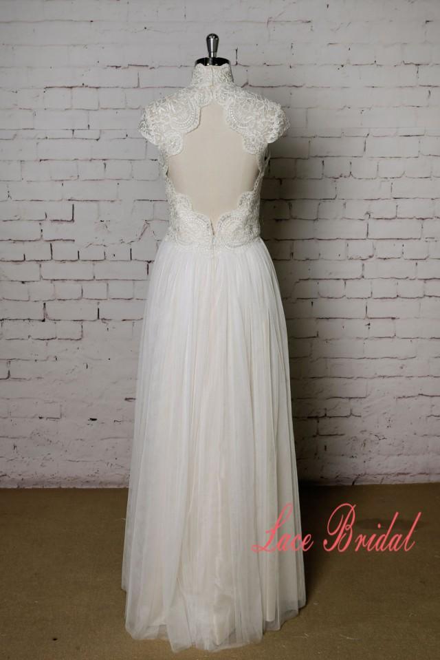 High Collar Wedding Dress With Cap Sleeves Champagne Underlay Wedding