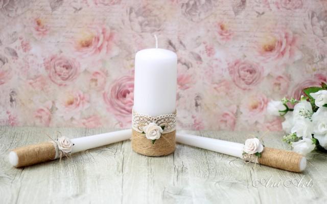 Burlap And Lace Wedding Unity Candle Set Rustic Wedding Unity Candles