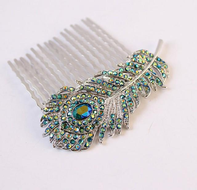Peacock Wedding Hair Accessory Rhinestone Peacock Feather Comb