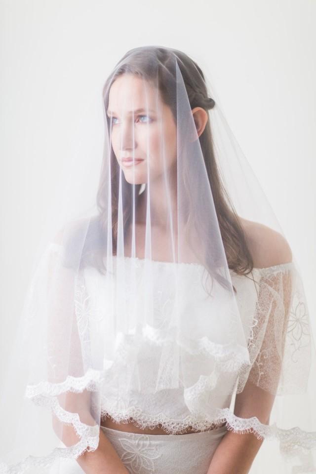 2 Tier Cathedral Veil Drop Veil With Lace Ivory Veil Lace Veil Fingertip Lace Edge Veil