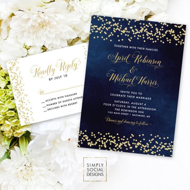 Navy Wedding Invitation Suite Faux Gold Glitter Confetti And Navy