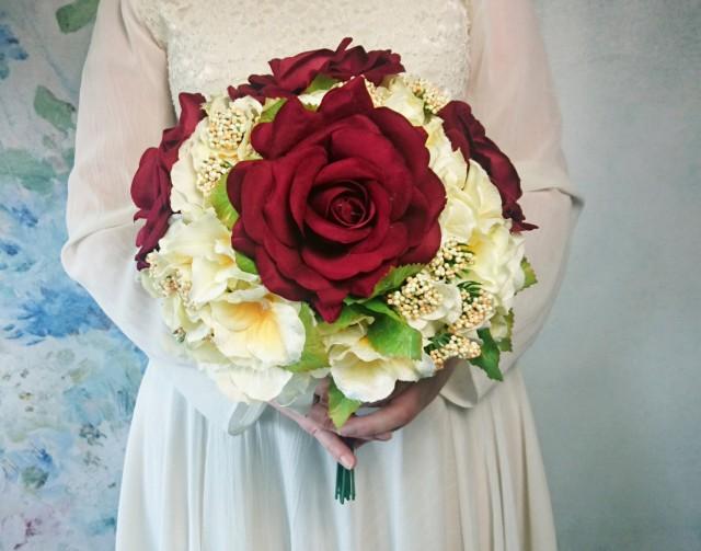 Ready To Ship Best Quality Velvet Silk Flowers Roses Hydrangea Vintage Wedding Bouquet Cream 1607