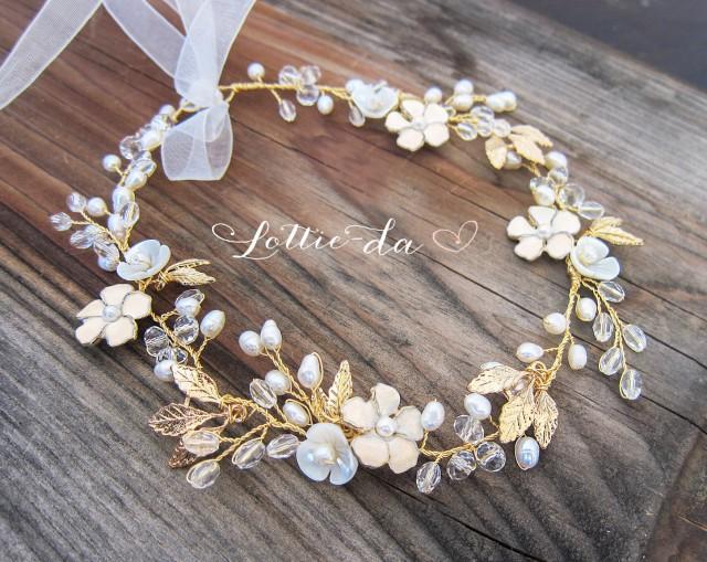 Boho Gold Hair Flower Crown, Halo Hair Wrap, Gold Hair Wreath, Gold