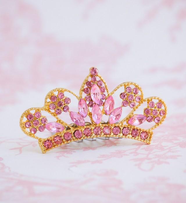 Crown Tiara PINK Rhinestone Gold Tiara Flower Girl Hair Comb Princess