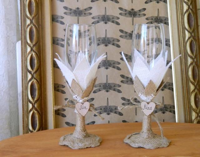 Rustic Wedding Toasting Glasses Burlap Champagne Wine Glass