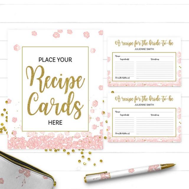 Pink And Gold Bridal Shower Recipe Cards And Sign Printable Golden Glitter Floral Bridal Shower 