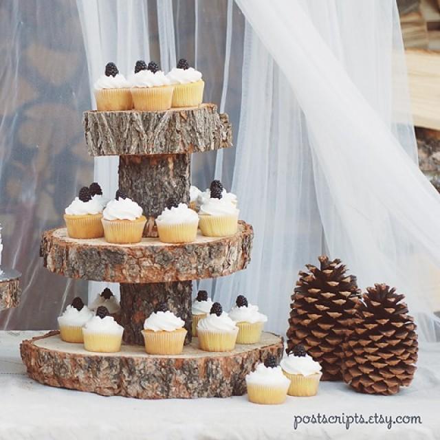 Rustic Wood Tree Slice 3tier Cake And Cupcake Stand For Your Wedding